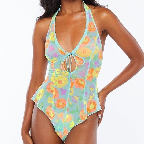 Savage X Fenty Free Spirit Floral Mesh Teddy Orange Size Medium - Picture 14 of 16